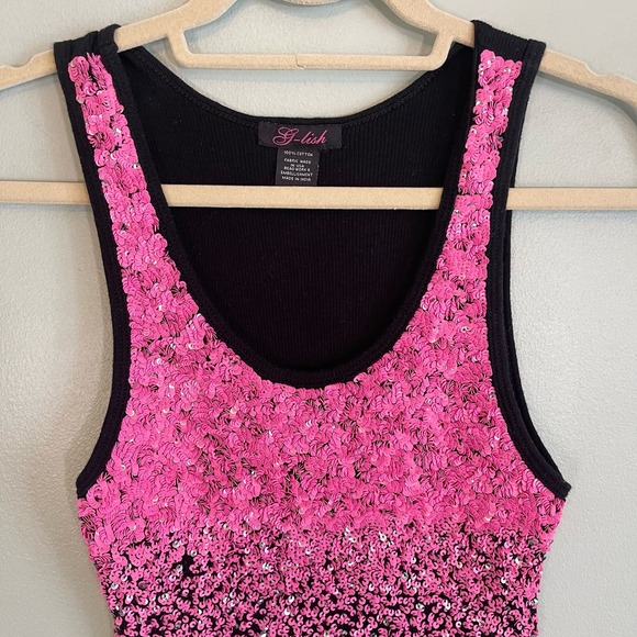 GLISH Womens Pink Black Sequins Embellished Cotton Rib Knit Tank Top Medium - Picture 2 of 7